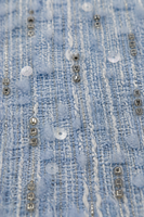 Tissu tricoté en tweed bleu clair avec broderie de perles et de paillettes, rayures verticales argentées perlées, pour vêtements de luxe pour femmes, manteaux et costumes