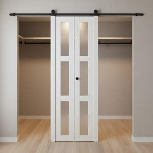 Porte de rangement intérieure pliante en bois massif blanc 24x80 pouces, style grange, avec verre dépoli - Product Image 2