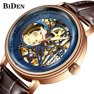 Bfait-montre mécanique Double face pour hommes, entièrement creuse, bracelet en cuir véritable, étanche, à Tourbillon, 0219