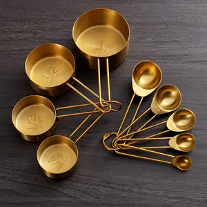 9 Piece Stainless Steel Measuring Cup and Spoons Set Golden Stackable Measuring Cups with Engraved Marking Ruler Measure