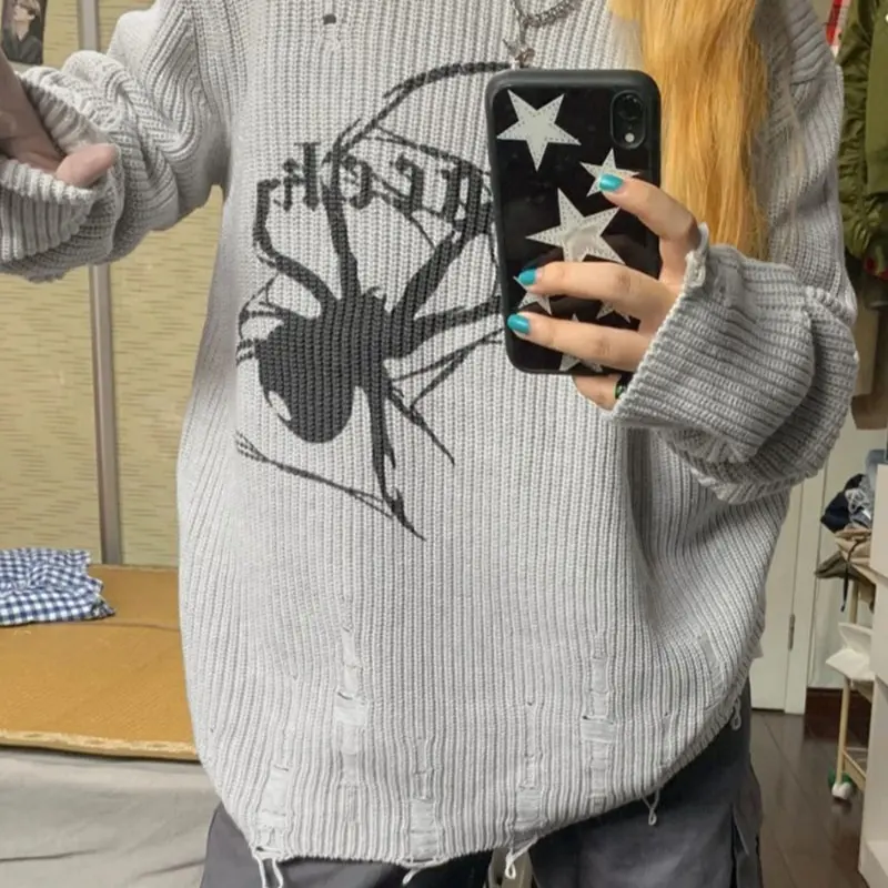 Spider Print Harajuku maglione spesso donna gotico Vintage strappato Grunge Y2k maglione Streetwear coreano Oversize Hiphop Pullover