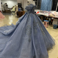 Robes de Quinceanera bleu brillant robe de bal chérie mexicaine bouffante hors épaule Applique dentelle LSMC12