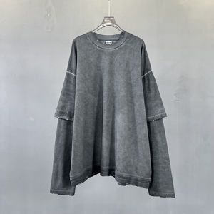 Camiseta de manga larga unisex de alta calidad al por mayor, estilo vintage, teñido desgastado, de gran gramaje, con efecto de color frito y empalmes. - Product Image 6