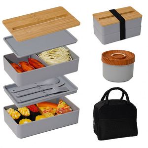 Eco Friendly Custom Logo Reusable Double Layer Phone Holder Bamboo Lid Food Container <b>Lunch</b> Banto <b>Box</b> for Student - Product Image 3