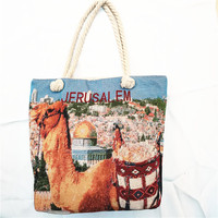 Bolsa feminina bordada de camel, de tamanho grande, com corda, sacola de letras jerusalém
