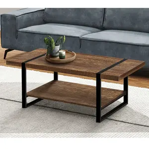 Brown Reclaimed Wood and Black Metal Coffee Table Living Room and Dining Home Furniture with Stainless Steel Frame for Bar Use