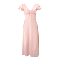 Gaun Midi Satin Pink Champagne Wanita, Gaun Pesta Vintage Model Pensil V-Neck Berlian Gaya Prancis Elegan untuk Musim Panas