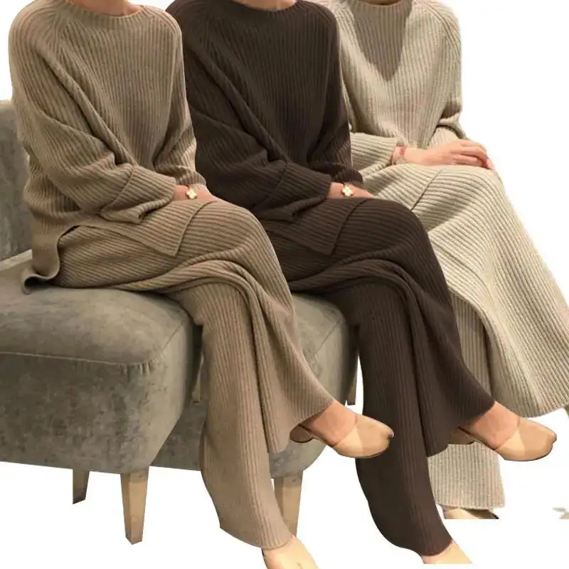 Inverno sciolto manica lunga Top pantaloni gamba larga abbigliamento donna due pezzi maglione lavorato a maglia Set per le donne