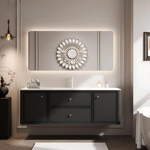 Vente en gros de meubles-lavabos noirs de style français avec miroir rétroéclairé par LED et poignées rondes dorées pour la maison et l'hôtel - Product Image 1