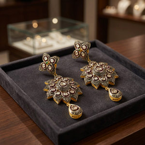 Vintage 22K Gold Plated Flower <b>Chandelier</b> Earrings Crystal Rhinestone Bezel Setting Brand Rajasthan for Women Wedding Jewelry - Product Image 3
