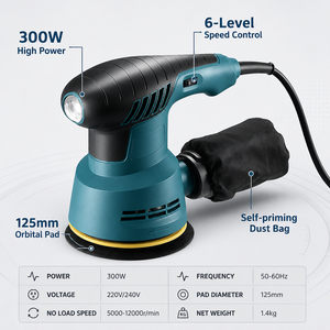 Lijadora Orbital Aleatoria Profesional de 300W, 125mm, 6 Velocidades Variables, Eléctrica con Cable y Bolsa Recolectora de Polvo para Trabajos en Madera - Product Image 3