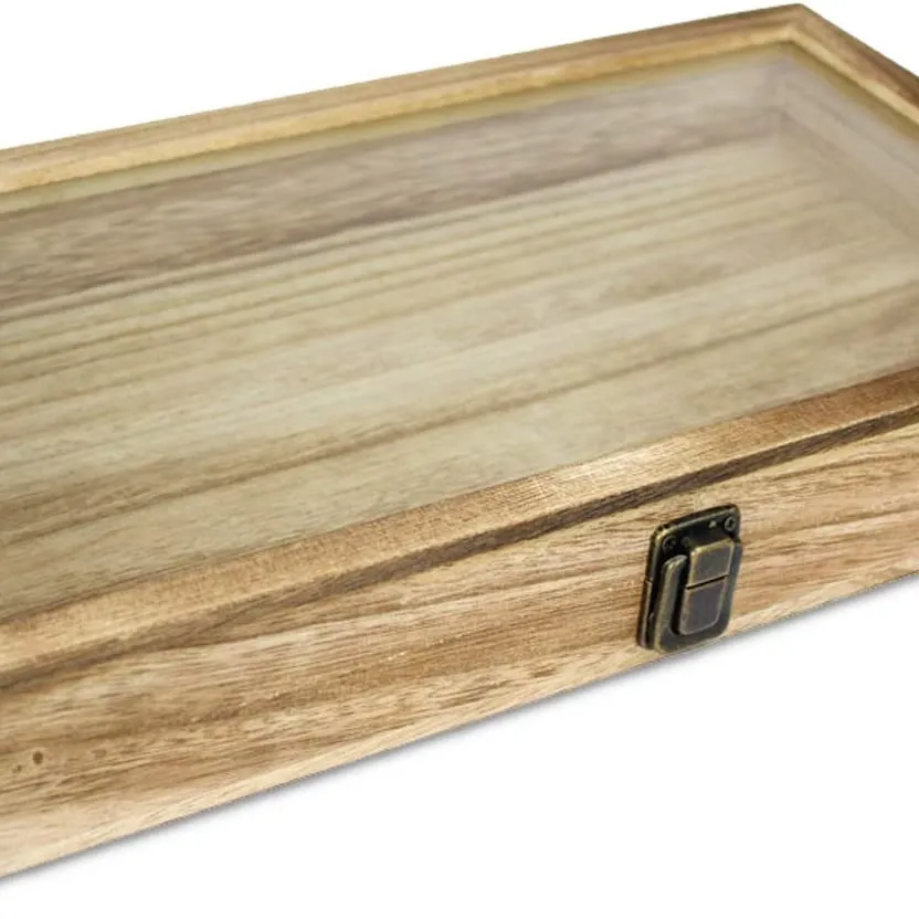Wooden Jewelry Display Case with a Tempered Glass Top Lid, Home organization Accessories Storage Box with Metal Clasp