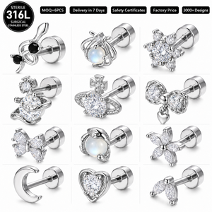 Pendientes de labret de acero quirúrgico 316L de grado implante al por mayor, con parte trasera plana, para cartílago, con circonita cúbica plateada en forma de corazón, hipoalergénicos y sin níquel. - Product Image 1