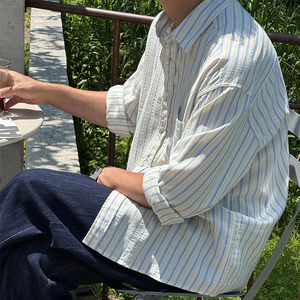 <span class=keywords><strong>Camicia</strong></span> a Righe in <span class=keywords><strong>Seersucker</strong></span> per Uomo, Resistente alle Pieghe, Vestibilità Comoda, Leggera e Traspirante, Manica Lunga, per Vacanze Estive e Spiaggia - Product Image 3