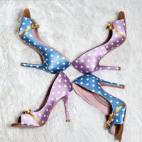 Scarpe da Donna con Tacco Alto a Stiletto, Punta Aperta, in Raso a Pois, con Fiocco, Logo Personalizzato, per Feste e Matrimoni, Disponibili in Vari Colori, Scarpe da Ballo