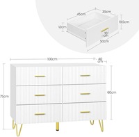 Commode à tiroirs en bois rainuré blanc moderne de qualité supérieure, grade E1, avec 6 grands tiroirs et pieds en métal