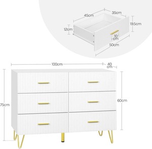 Commode à tiroirs en bois rainuré blanc moderne de qualité supérieure, grade E1, avec 6 grands tiroirs et pieds en métal - Product Image 5