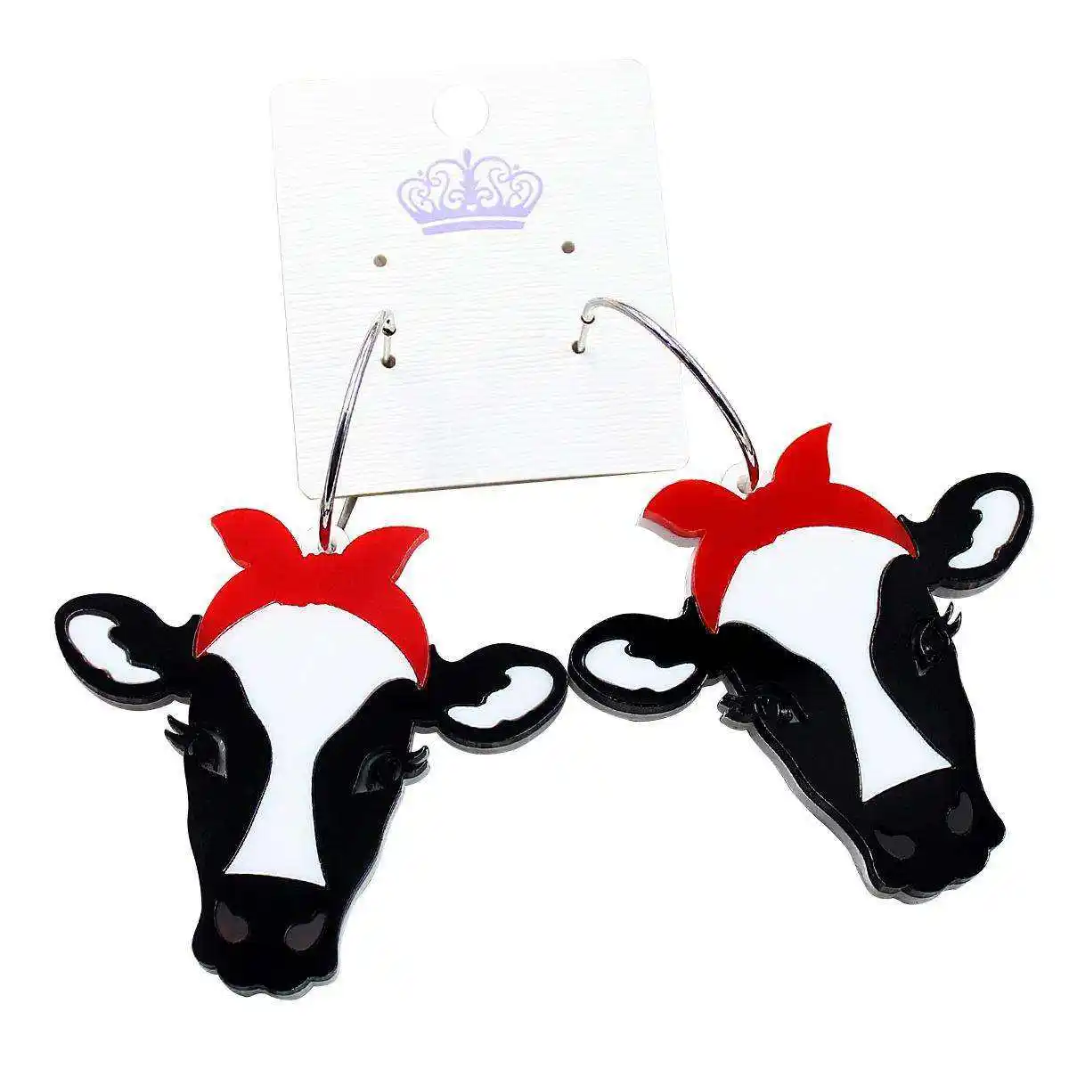 ERS354HP124 Top Fashion Acrylique Vache Avec Arc Rouge Mignon Animal Dangle Crochet Laser Découpe Boucle D'oreille