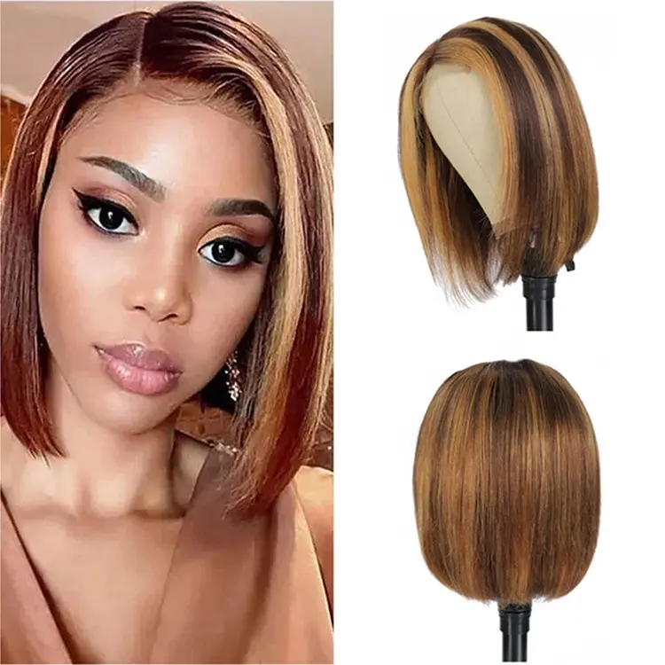 Raw Virgin Brazil Hair 13x4 Frontal Lace Wig Bob Style P4-27 Piano Color Straight Wave 100% Human Hair Wigs