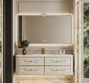 Meuble de salle de bain vintage français de luxe léger en bois, vasque flottante en bois massif avec miroir LED, armoire florale peinte à la main et lavabo en pierre - Product Image 1
