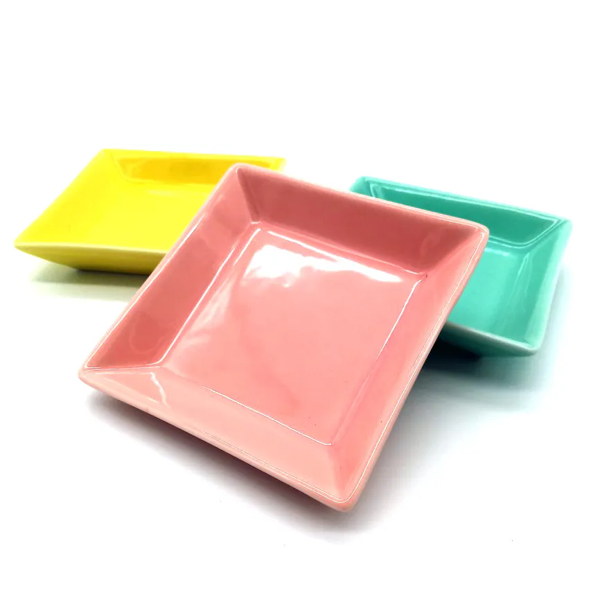 Hot Sale Custom Logo Printed Ceramic Ring Trinket Dish Colorful Square Jewelry Tray With Golden Edge