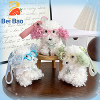 Porte-clés en peluche chien bouclé Kawaii avec oreilles colorées et lunettes, breloque en peluche pour sac à dos de filles, cadeau en gros