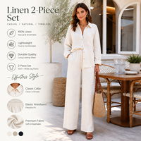 Ensemble deux pièces en lin personnalisé pour femme, chemise à manches longues boutonnée et pantalon large, idéal pour la plage, vente en gros, OEM, marque privée, grandes tailles
