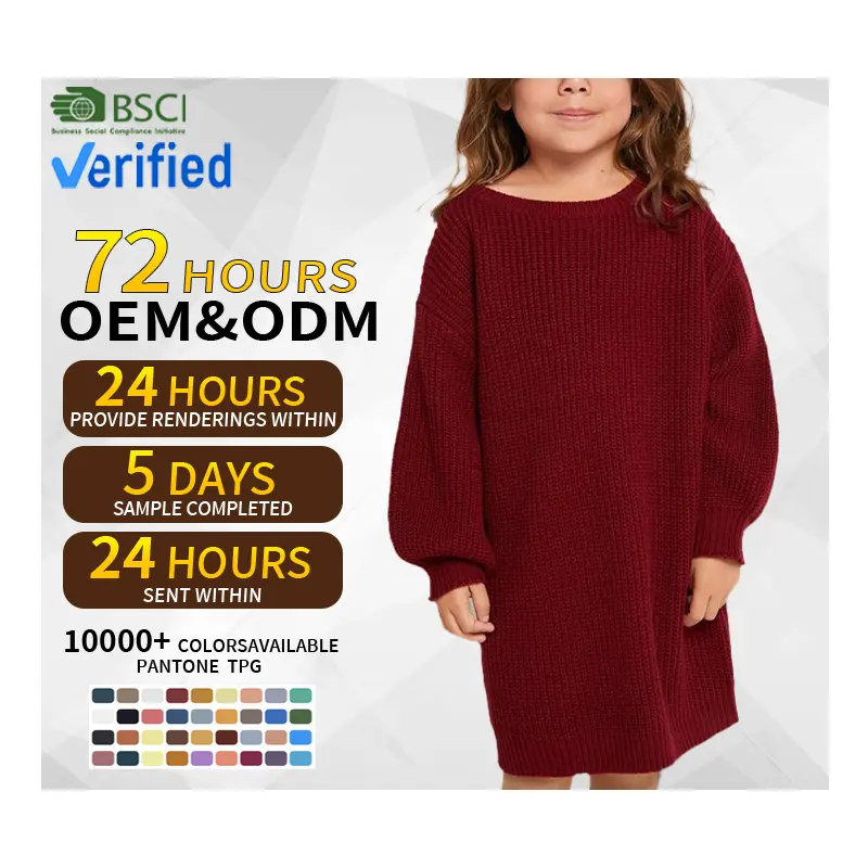 OEM ODM benutzer definierte Logo rot Acryl Rundhals ausschnitt niedlich gestrickt gerippt Drop Shoulder Kind Kleinkind Mädchen Pullover Kleid