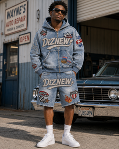 Ensemble denim vintage Y2K DiZNEW avec broderies épaisses, veste à capuche et short déchiré, <span class=keywords><strong>tenue</strong></span> en deux pièces pour <span class=keywords><strong>homme</strong></span>, style streetwear, effet délavé - Product Image 3