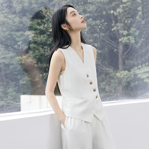 White Sleeveless Vest And Wide Leg Pants Set Solid Color Summer Leisure Women's Outfit - Product Image 4
