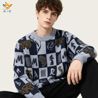 Pull-over personnalisé pour homme à motif lettres, col rond, mélange polyester-laine, coupe ample, manches longues, style preppy décontracté, fournisseur