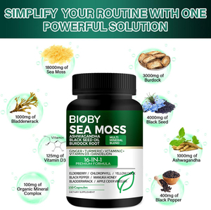 Cápsulas de Musgo Marino Bioby de Marca Privada OEM, 16 en 1, con Ashwagandha, Aceite de Semilla Negra, Alga Marina, Cúrcuma, Jengibre, 150 Unidades - Product Image 2