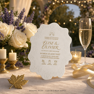 Invitation de mariage personnalisée en papier de coton de luxe, bilingue français-anglais, avec dorure à chaud, faible quantité minimale de commande, impression numérique - Product Image 2