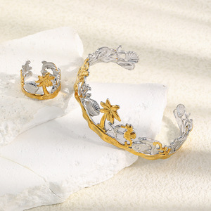 Stainless Steel 18K <b>Gold</b> Plated Ocean Series Hollow Open Cuff <b>Ring</b> And Bangle <b>Set</b> Starfish Seashell Fashion Jewelry For Women - Product Image 6