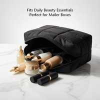 Pochette de maquillage minimaliste noire en pongé matelassé avec fermeture éclair, personnalisable avec logo, pour cadeaux promotionnels, événements GWP, et organisateur de voyage