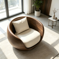 Fauteuil œuf de luxe en bois massif courbé avec coussin en cuir, fauteuil de loisirs design pour villa, hôtel, hall d'entrée