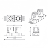 Spot encastré double tête LED COB 2x10W 2x12W, découpe 150x72mm, carré, pour plafond, certifié CE CCC