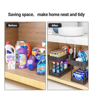 ABS 2-Ярусный выдвижной ящик под раковиной, органайзер для хранения, пластиковый для кухонного шкафа, ванной комнаты, аксессуары для дома - Product Image 3