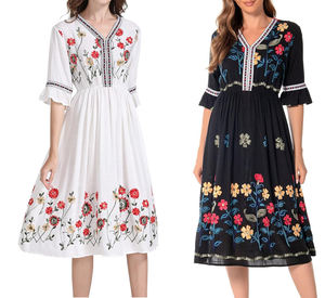 "Women's Short-sleeved <strong>Mexican</strong> Embroidered Printed A-shaped Cocktail <strong>Dress</strong> with Pleated Skirt-Bohemian Summer Party <strong>Dress</strong>" - Product Image 5