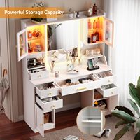 Grande coiffeuse blanche pour filles avec tiroirs multi-rangements, plateau en verre, miroir éclairé, en bois massif, pour appartement