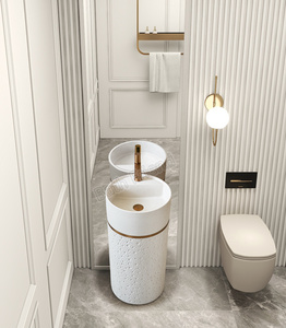 Lavabo sur pied en pierre artificielle de couleur crème moderne de haute qualité, surface solide facile à nettoyer, pour salle de bain - Product Image 2