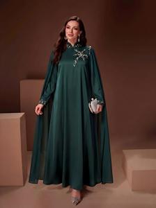 Nouvelle arrivée : Abaya cape vert émeraude lourde ornée de perles 3D, col montant, ourlet large et ample, robe de soirée élégante longue - Product Image 3