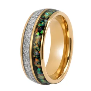 オパールとメテオライトのカスタムメイドの結婚指輪を備えた18Kゴールドタングステンリング