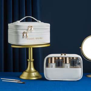 Pochette de voyage de luxe pour cosmétiques, double couche, en cuir PU, sac de rangement portable, trousse à maquillage avec fenêtre en PVC - Product Image 1