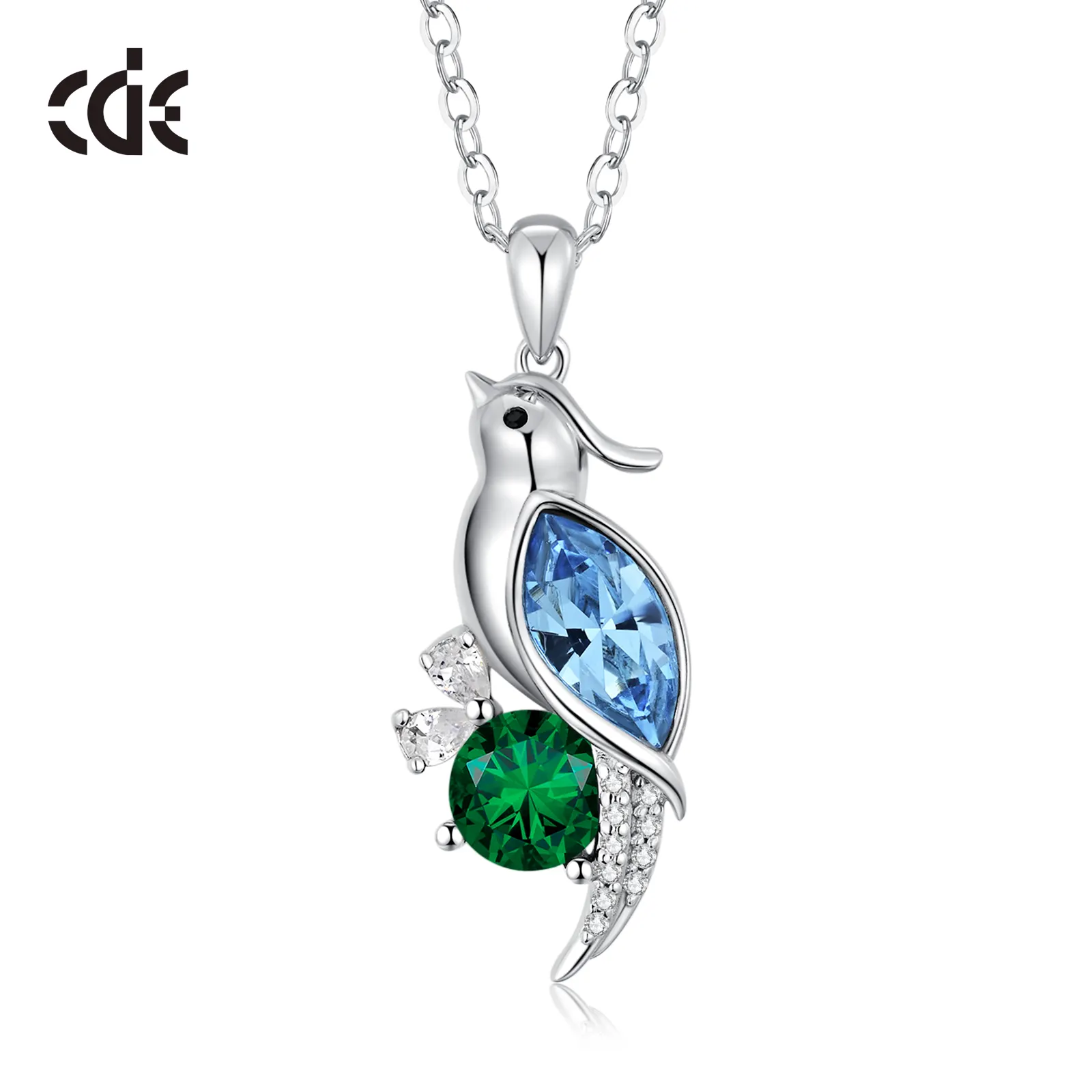 CDE SSYN009 perhiasan halus 925 perak murni desain Birdie dengan kalung kristal biru grosir kalung kristal berlapis Rhodium