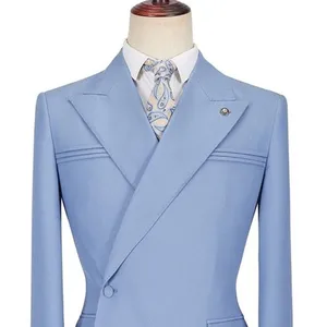 Porter Blue Slim Fit Peaked Lapel Ruffles Fashion Prom Trajes para hombre Italiano