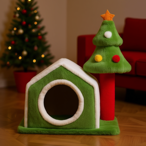 Lit pour chat en peluche douce en forme de maison de Noël, 24 pouces, décoration de fêtes pour chats d'intérieur - Product Image 2