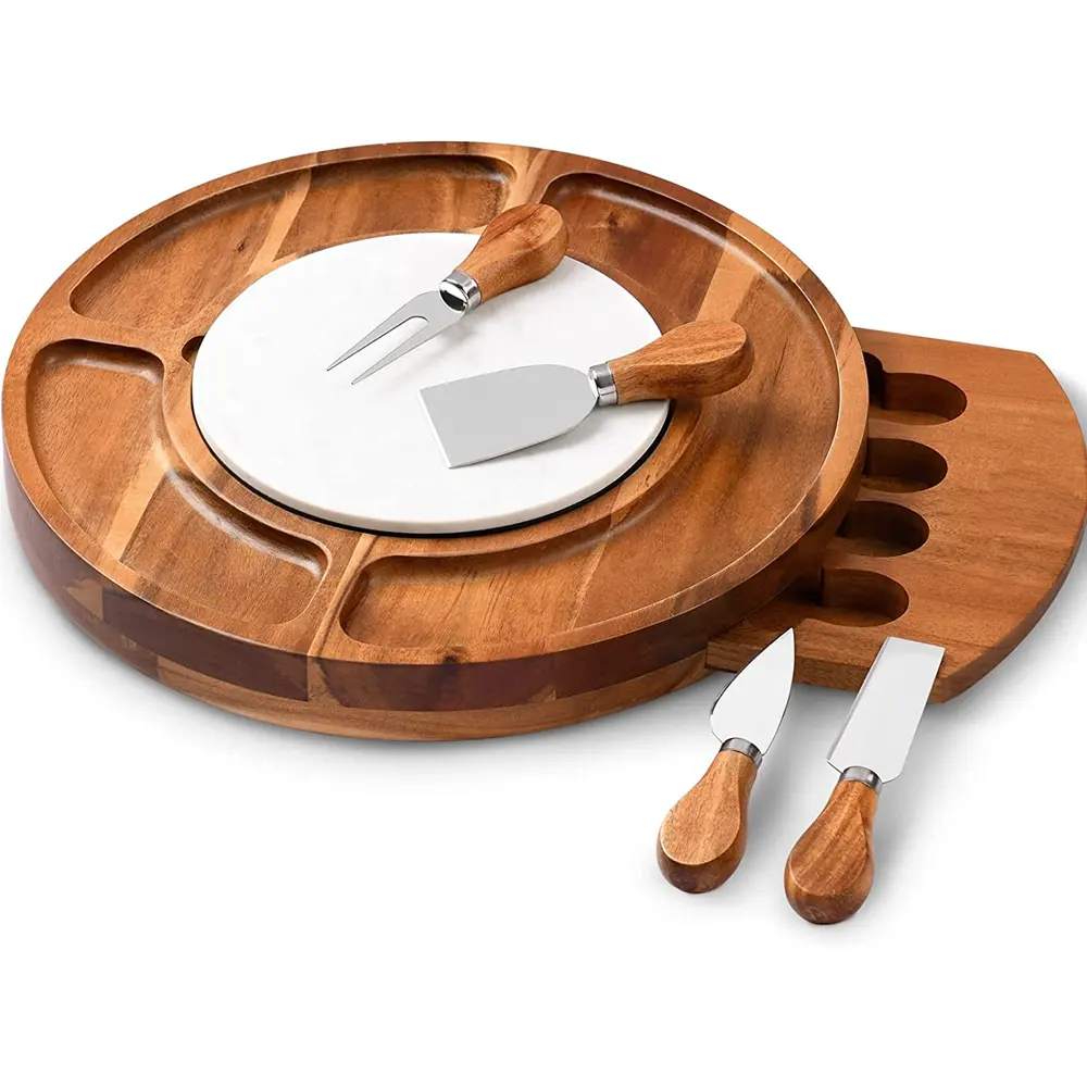 Wholesale Round Acacia Wooden Cheese Cutting Boards Set Charcuterie Board with Cutter