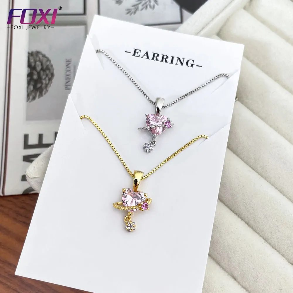 Foxi Đồ Trang Sức Bán Buôn Trong Kho Đồ Trang Sức Sang Trọng Tình Yêu Zirconia Mặt Dây Chuyền 18K Mạ Vàng Cô Gái Ngọt Ngào Trái Tim Màu Hồng Vòng Cổ