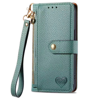 Étui portefeuille en cuir à rabat de luxe avec motif cœur pour iPhone 15, porte-cartes et support pour téléphone portable avec couverture de livre